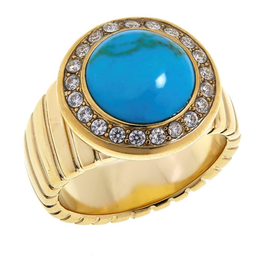 Colleen Lopez Gold-Tone Blue Turquoise Cabochon and White Topaz Ring